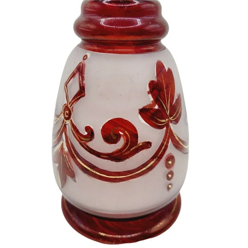 Vintage Bohemian Ruby Red Decanter Frosted Glass Painted Gold Gilding 9